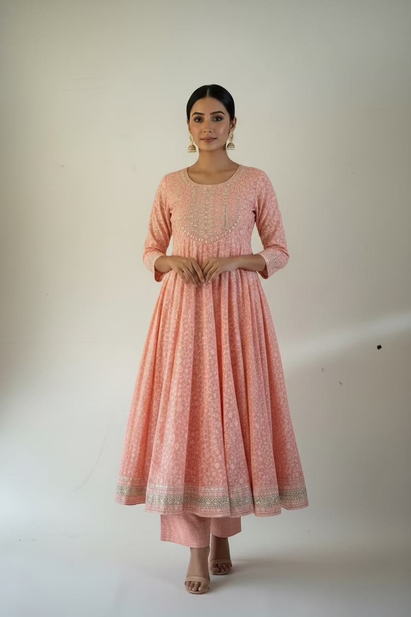 PEACH EMBROIDERED RAYON ANARKALI SUIT