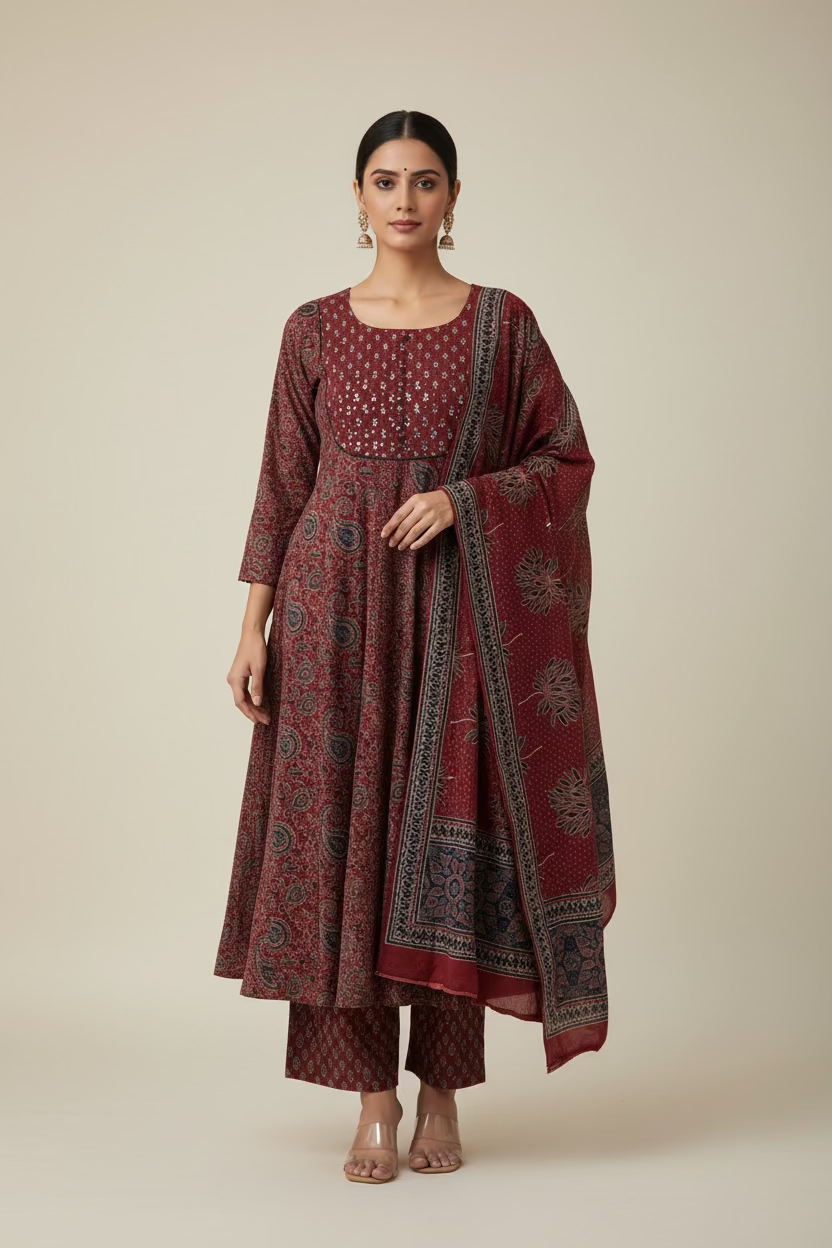 MAROON COTTON PRINTED ANARKALI SUIT