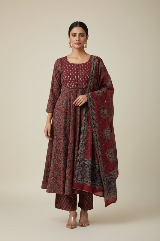 MAROON COTTON PRINTED ANARKALI SUIT