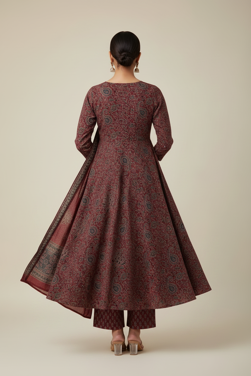 MAROON COTTON PRINTED ANARKALI SUIT