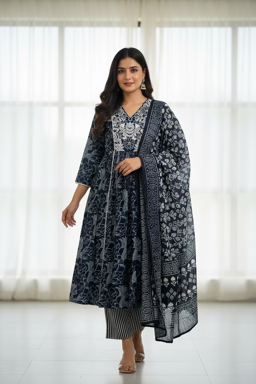 BLUE EMBROIDERED PRINTED COTTON ANARKALI SUIT