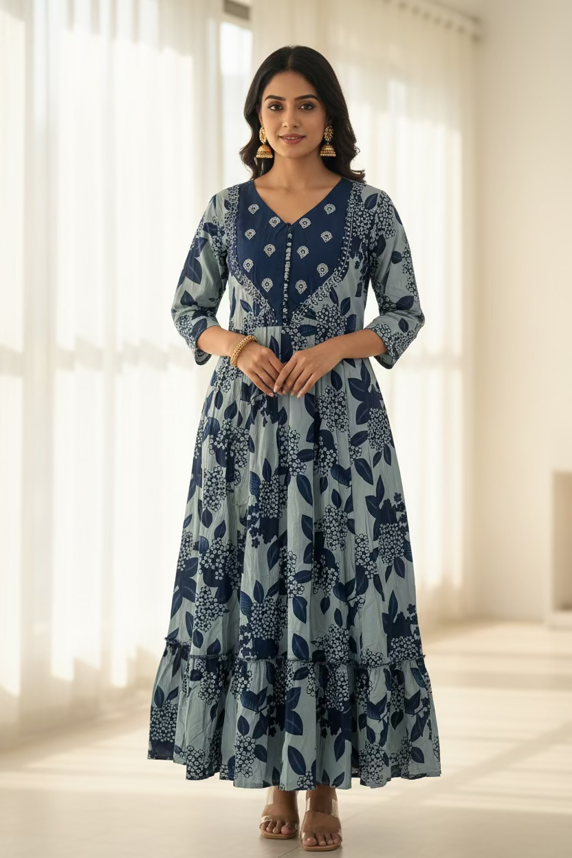 BLUE FLORAL COTTON ANARKALI KURTI