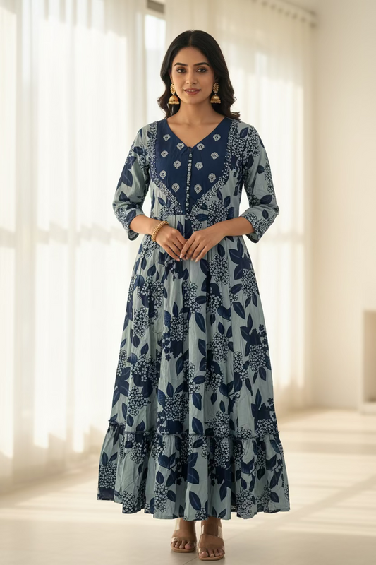 BLUE FLORAL COTTON ANARKALI KURTI