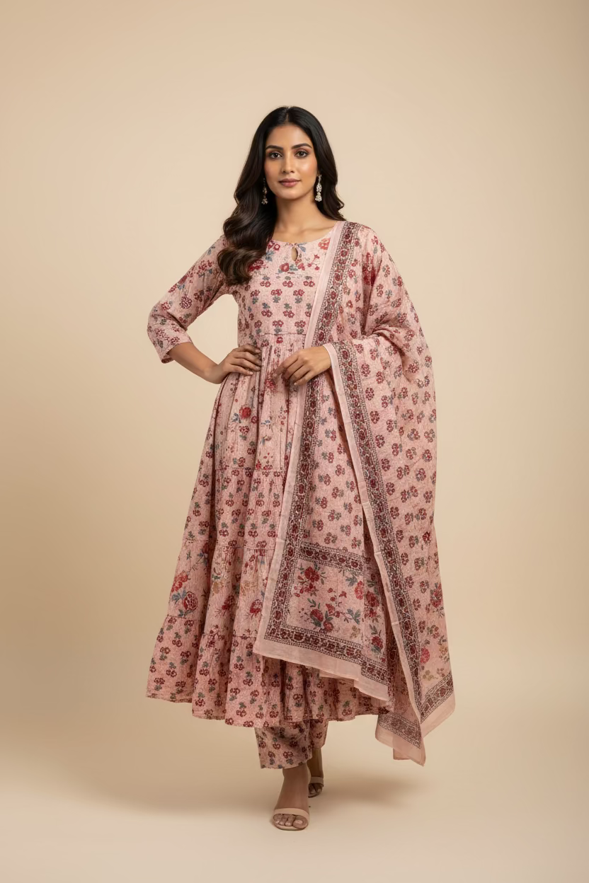 CREAM COTTON ANARKALI SUIT