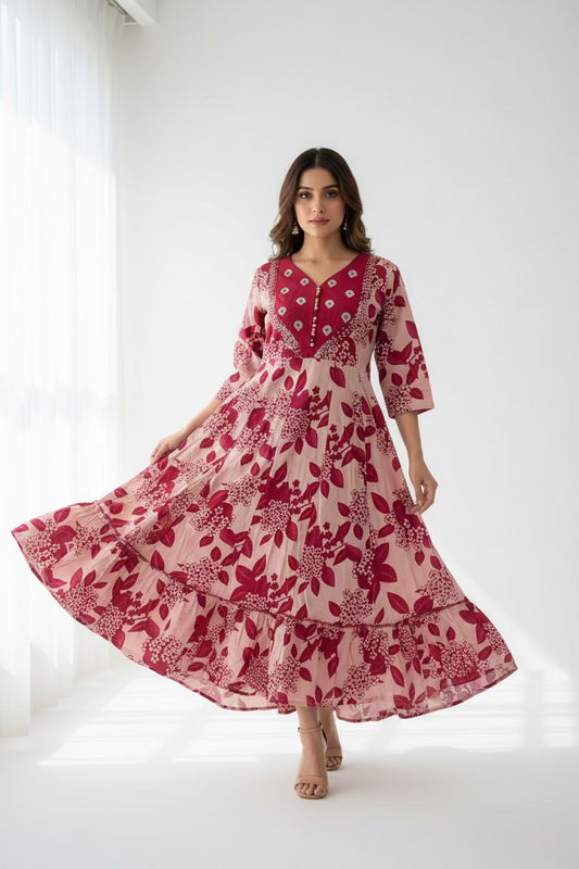 LIGHT PINK FLORAL COTTON ANARKALI KURTI