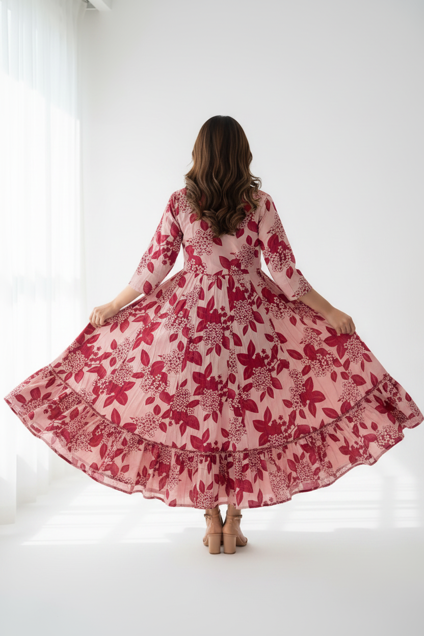 LIGHT PINK FLORAL COTTON ANARKALI KURTI