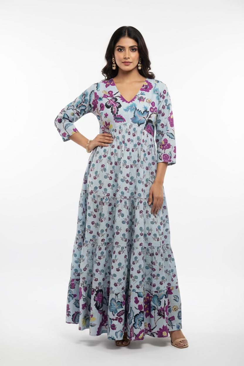WHITE FLORAL PRINTED COTTON ANARKALI KURTI