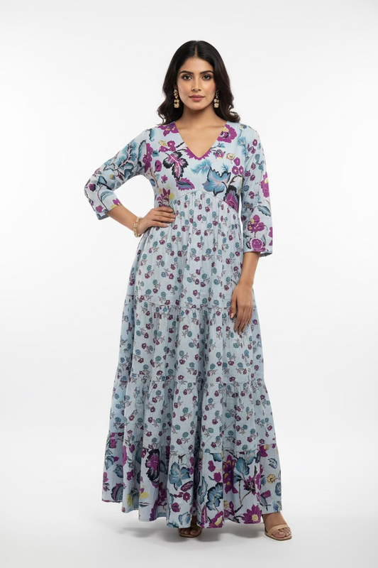 WHITE FLORAL PRINTED COTTON ANARKALI KURTI