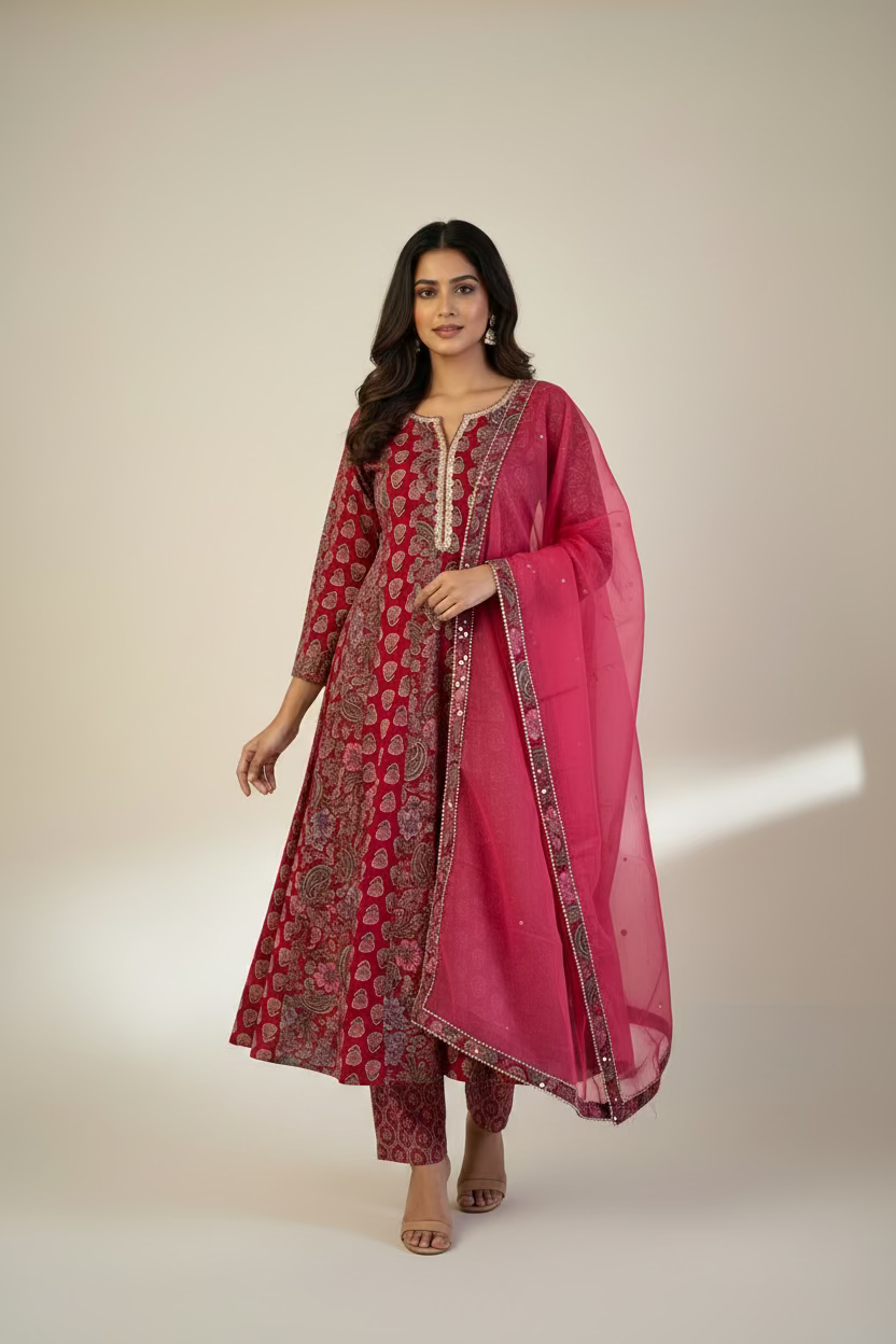 red printed anarkali suit