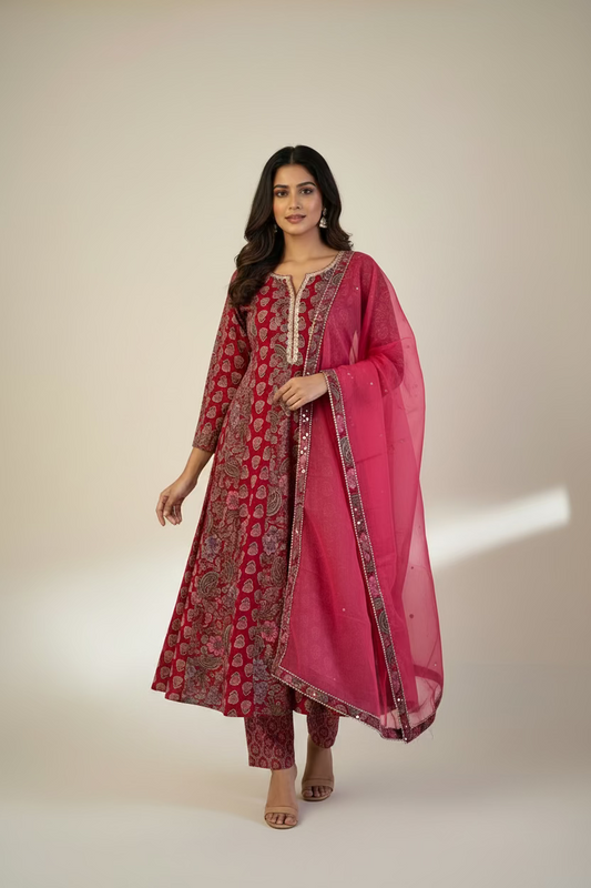red printed anarkali suit