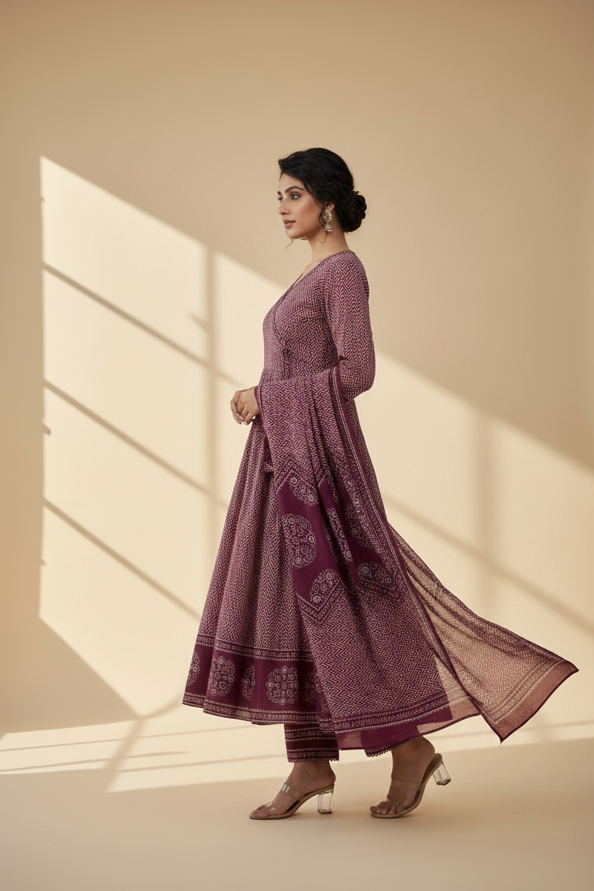 PURPLE PRINTED COTTON ANARKALI SUIT