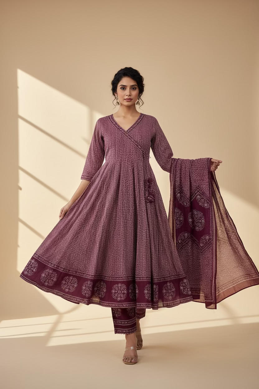 PURPLE PRINTED COTTON ANARKALI SUIT