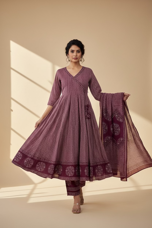 PURPLE PRINTED COTTON ANARKALI SUIT