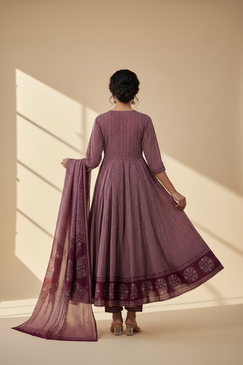 PURPLE PRINTED COTTON ANARKALI SUIT