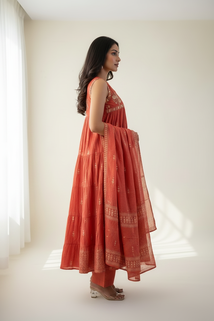 ORANGE COTTON ANARKALI SUIT
