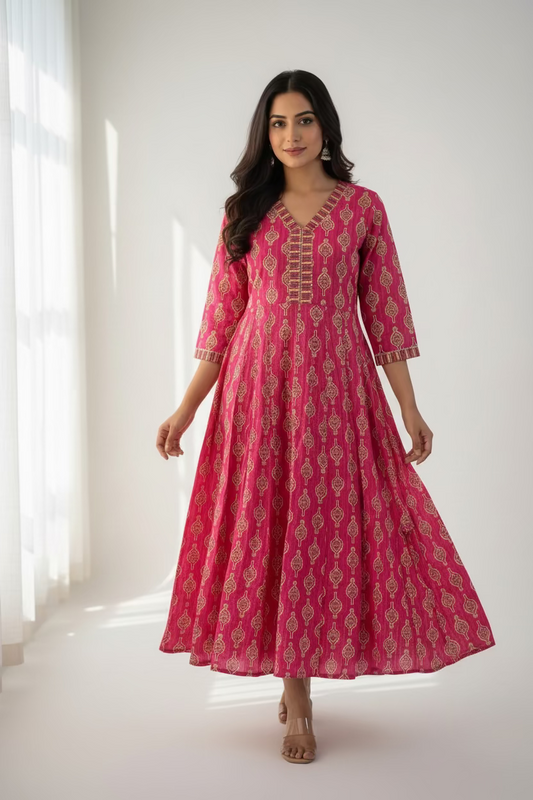 PINK FLORAL COTTON PRINTED ANARKALI KURTI