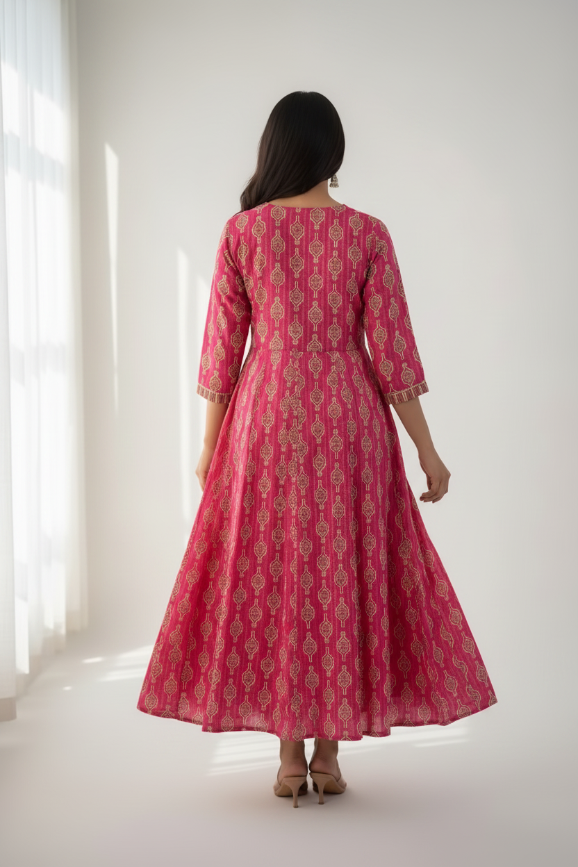 PINK FLORAL COTTON PRINTED ANARKALI KURTI